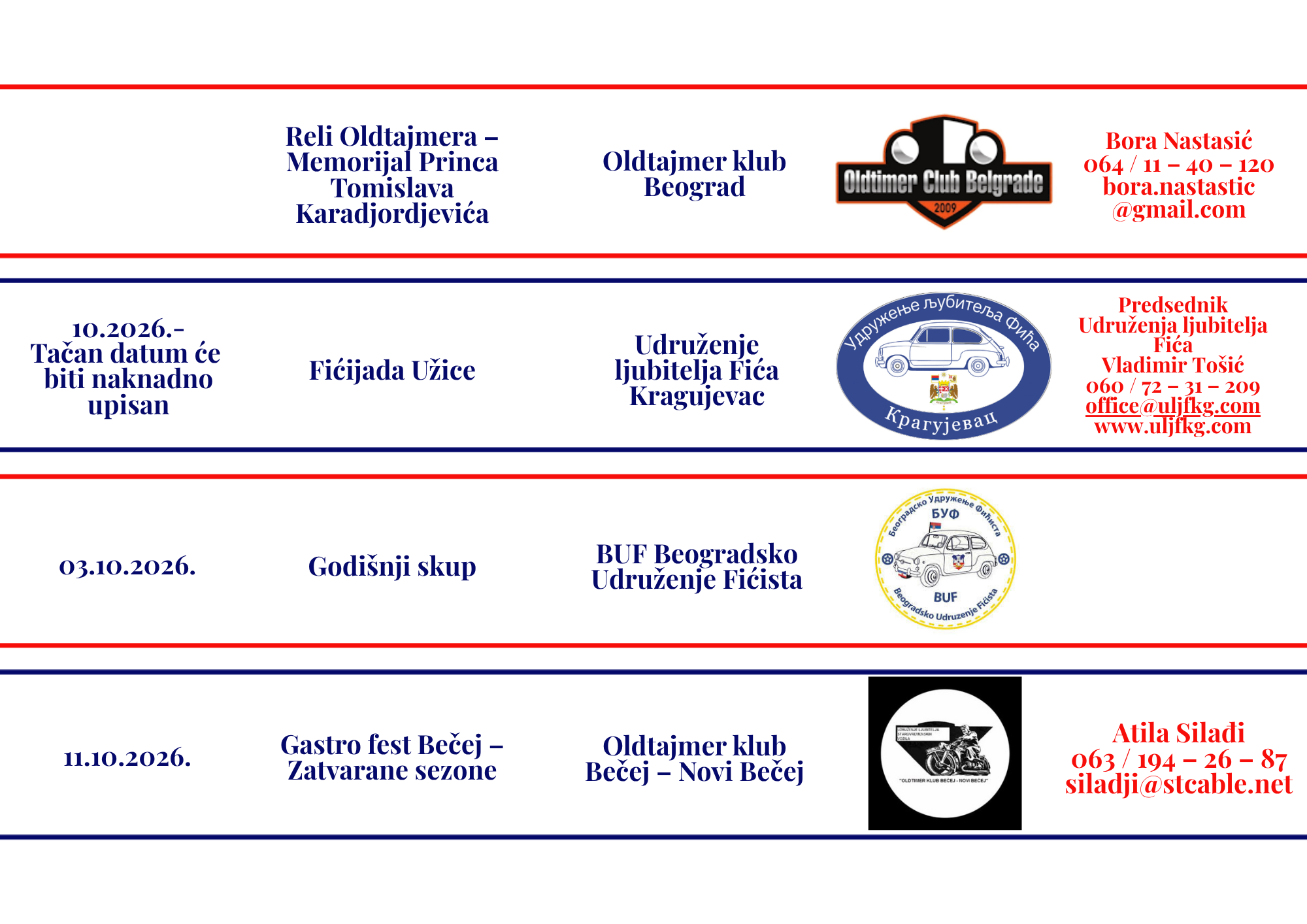Oldtajmer Srbija - Kalendar manifestacija u 2026