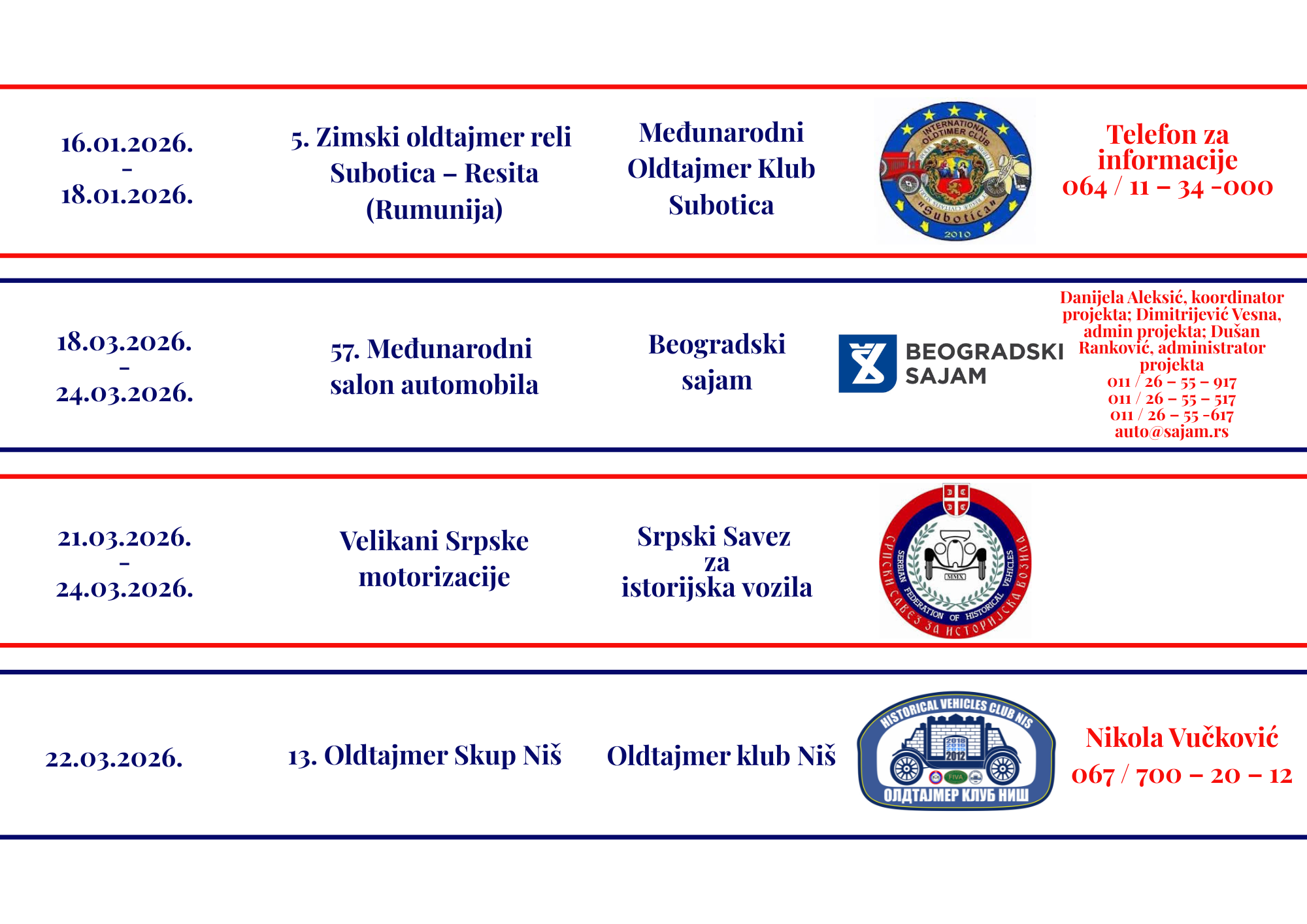 Oldtajmeri Srbija kalendar susreta u 2026 godini